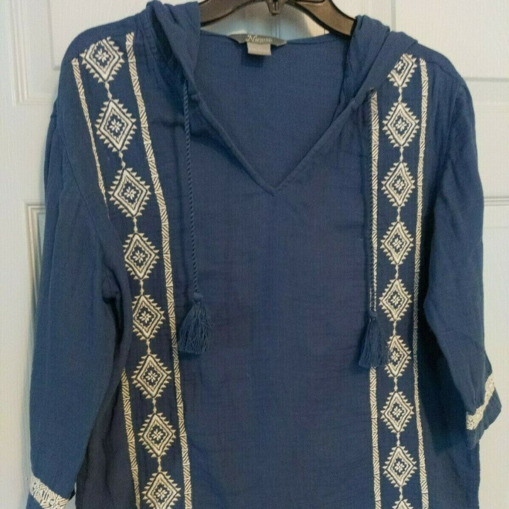 Natural Reflections Women Size M Blue 100% Cotton 3/4 Sleeve Boho Pullover Top